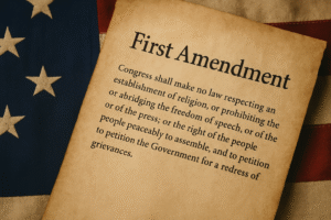 Illustration of First Amendment text with five icons symbolizing freedoms