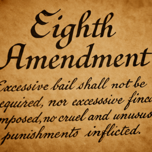 A photograph provides a close-up view of the Eighth Amendment text written in elegant cursive on aged parchment.