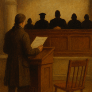 An oil painting on canvas captures a historical courtroom scene, showing a speaker at a lectern facing five seated justices in shadow, with no visible facial details.