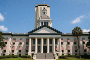 The Florida State Capitol building under a clear blue sky.