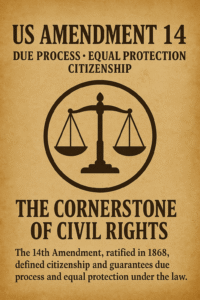  A stylized parchment-themed poster showing US Amendment 14 with bold text emphasizing due process, equal protection, and citizenship