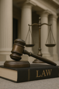Balanced scales of justice with gavel and law book on a desk