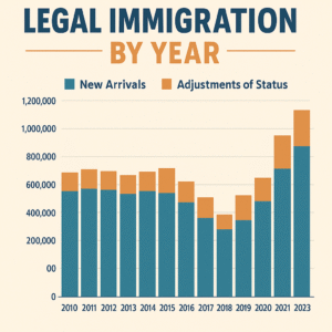 "A bar chart in the digital illustration displays legal immigration by year from 2010 to 2023, showing new arrivals and status adjustments."