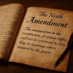 A photograph of an antique book, possibly a copy of the U.S. Constitution, open to a page featuring the Ninth Amendment in calligraphic script.