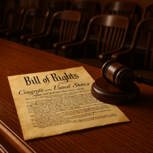 A photograph captures a Bill of Rights document and gavel in a courtroom with empty jury chairs.