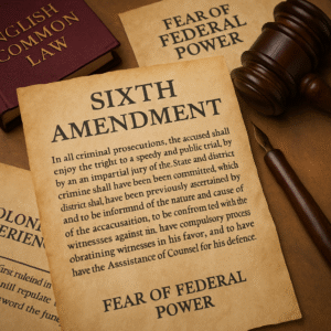 A parchment displaying the Sixth Amendment surrounded by related historical documents and legal symbols.