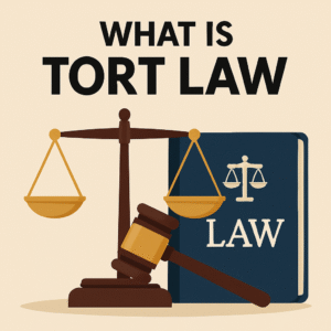 "Tort law concept with legal scales and gavel on documents"
