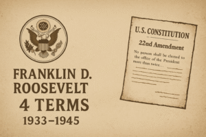 A symbolic graphic showing the U.S. Constitution’s 22nd Amendment with the Great Seal and Franklin D. Roosevelt’s four-term service