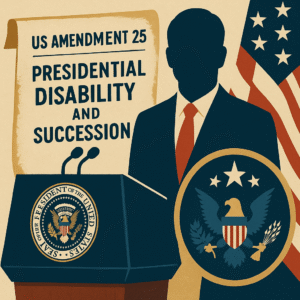 Graphic design poster symbolizing US Amendment 25 with bold text on presidential disability and succession, including a faceless figure, podium, and U.S. seals