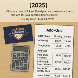 "Chart showing US Law Shield 2025 membership plan pricing and add-ons"