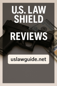 "US Law Shield brochure with gun, legal gavel, and membership card"