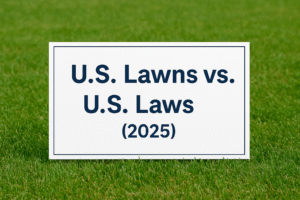 "American lawn with mowing equipment and rule sign in foreground"