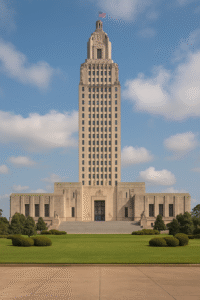 The Louisiana State Capitol building, where legislative proposals for constitutional amendments originate.