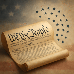 Illustrated U.S. Constitution with 27 stars symbolizing amendments