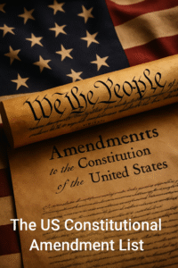 Aged parchment document and American flag symbolizing the U.S. Constitutional Amendments