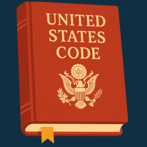 "A flat digital illustration features the cover of a red-orange book labeled 'United States Code' with the U.S. Great Seal and a gold bookmark."