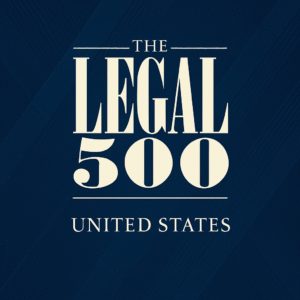 "The Legal 500 United States logo in large serif text over a deep blue textured background."