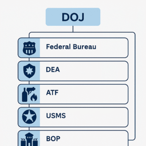 A 2D digital infographic displays five federal law enforcement agencies under the U.S. Department of Justice, each with its icon: FBI, DEA, ATF, USMS, and BOP.