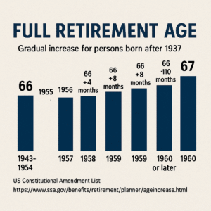 A digital informational graphic displays Full Retirement Age (FRA) for U.S. citizens born after 1937, showing a gradual increase from age 66 to 67.
