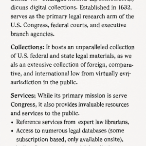 A text-based informational image summarizing the Law Library of Congress's collections and services