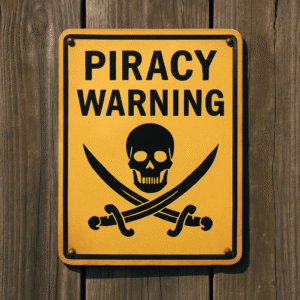 A photograph captures a piracy warning sign mounted on a wooden fence.