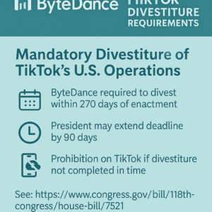 A digital infographic summarizing the legislative requirements for TikTok's divestiture from ByteDance in the U.S.